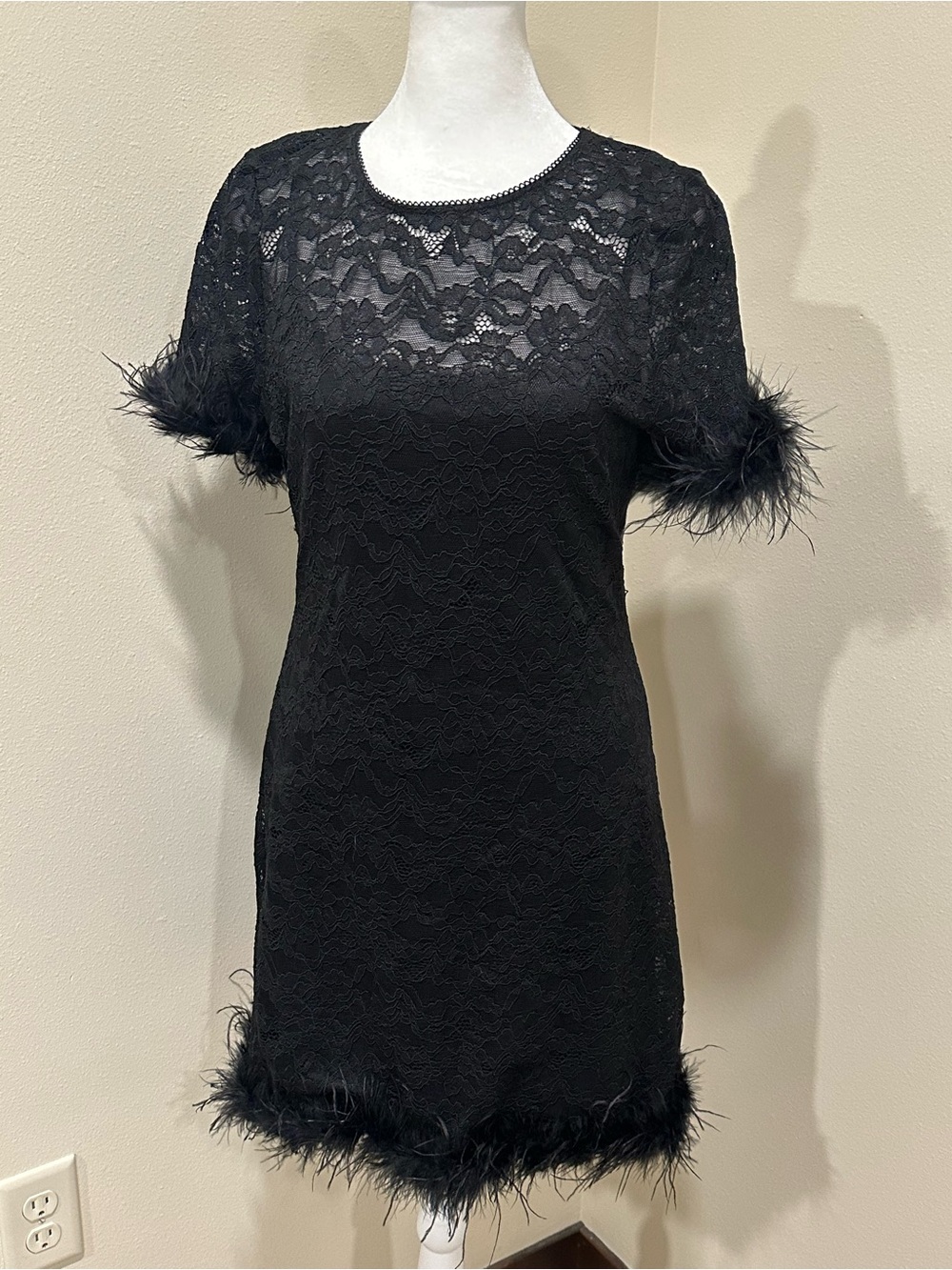 Wayf Black Lace Mini Dress with Feather Trim Accents